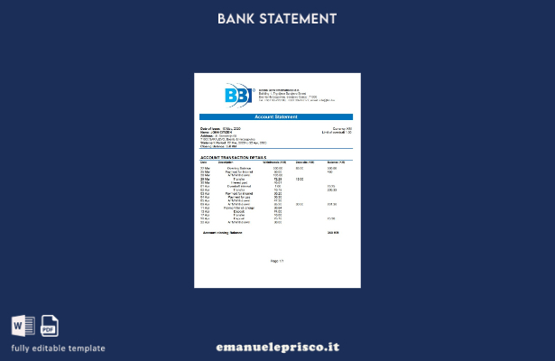 stile verificato Bosnia ed Erzegovina Bosna bank Modello word di estratto conto 
